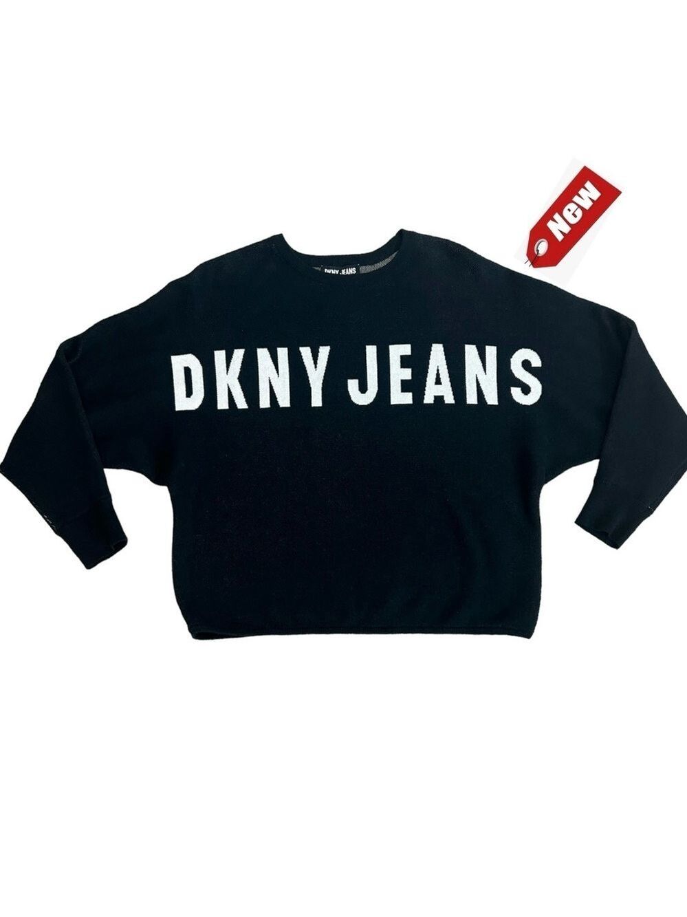 DKNY JEANS black white logo crew neck long web sleeve sweater Sz L NWT